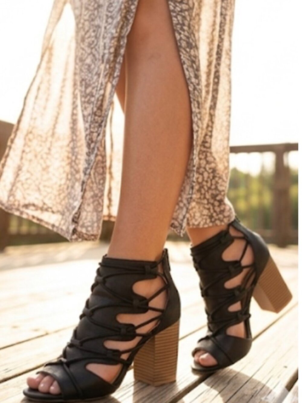 Qupid Black Lace Up Cutout Block Heel Sandals